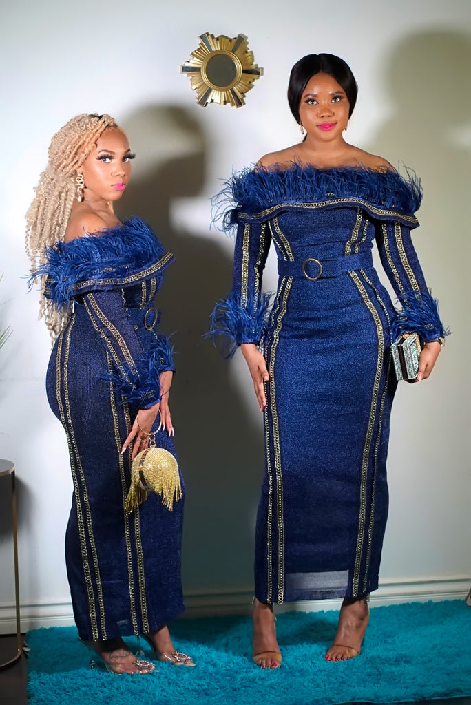 NAVY FEATHER LUXE DRESS